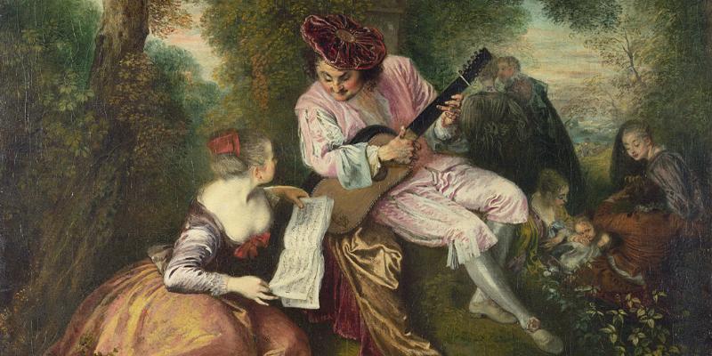 Tableau du Louvre de Watteau, L'Embarquement pour Cythère, élégance Rococo française, lumière douce, personnages galants, style XVIIIe siècle.